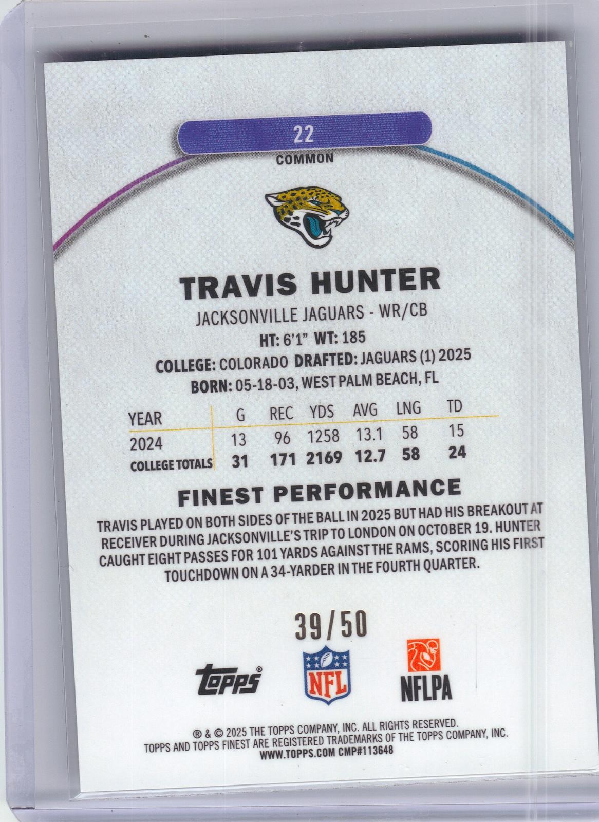 2025 Finest #22 Travis Hunter Gold Geometric Refractor #/50 Jacksonville Jaguars SN, RC