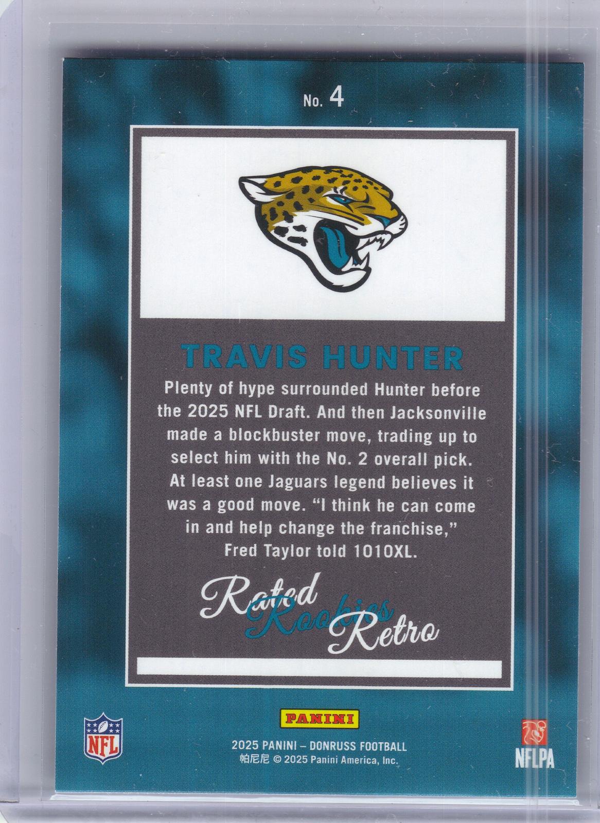 2025 Donruss #4 Travis Hunter Rated Rookies Retro Jacksonville Jaguars