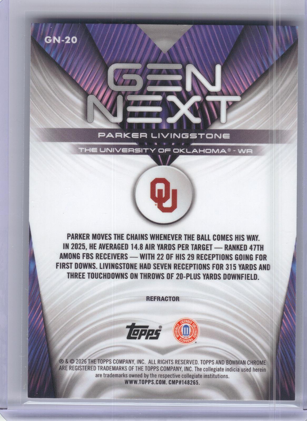 2026 Bowman #GN-20 Parker Livingstone Gen Next Refractor Oklahoma Sooners