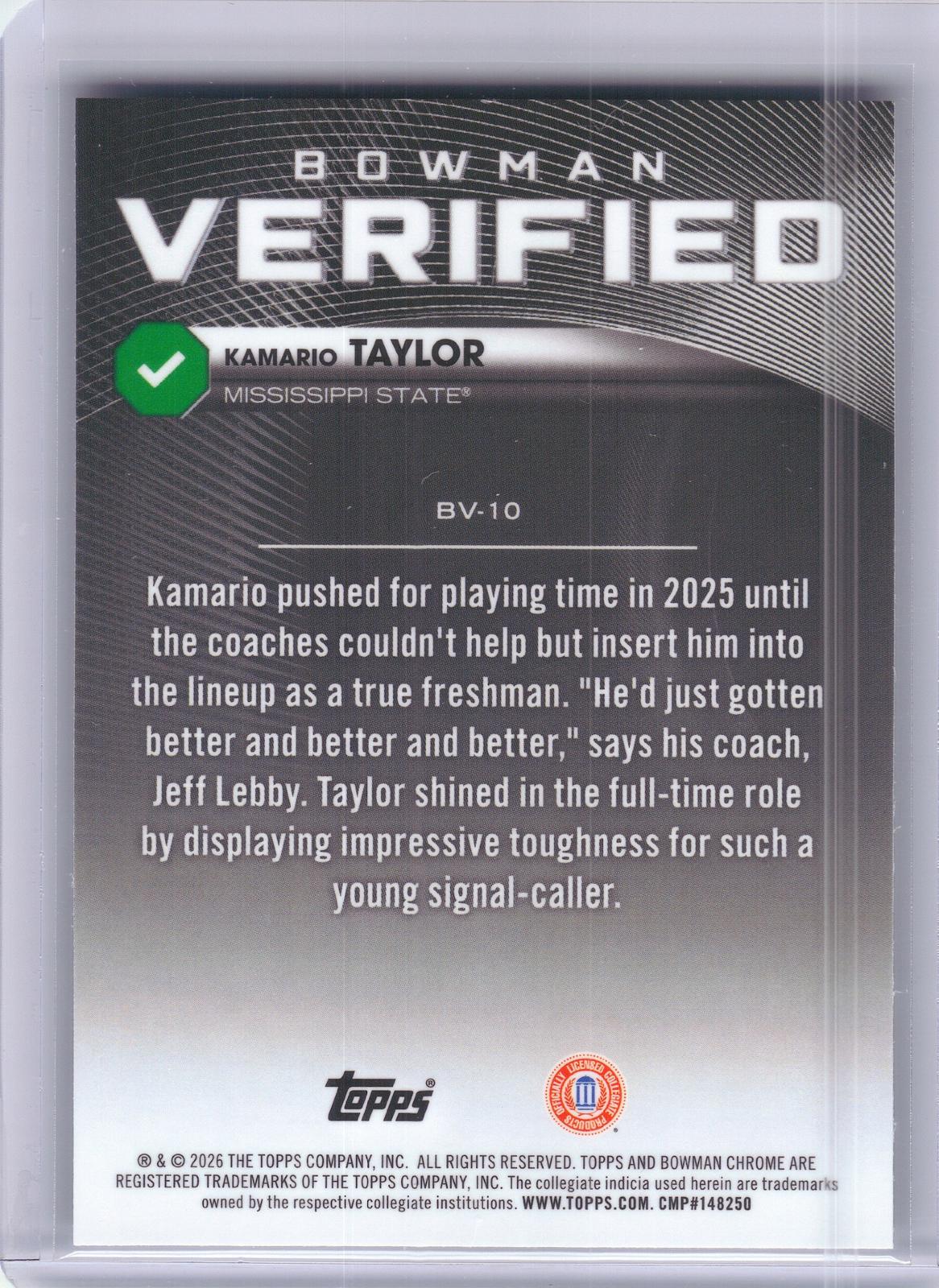 2026 Bowman #BV-10 Kamario Taylor Bowman Verified Mississippi State Bulldogs