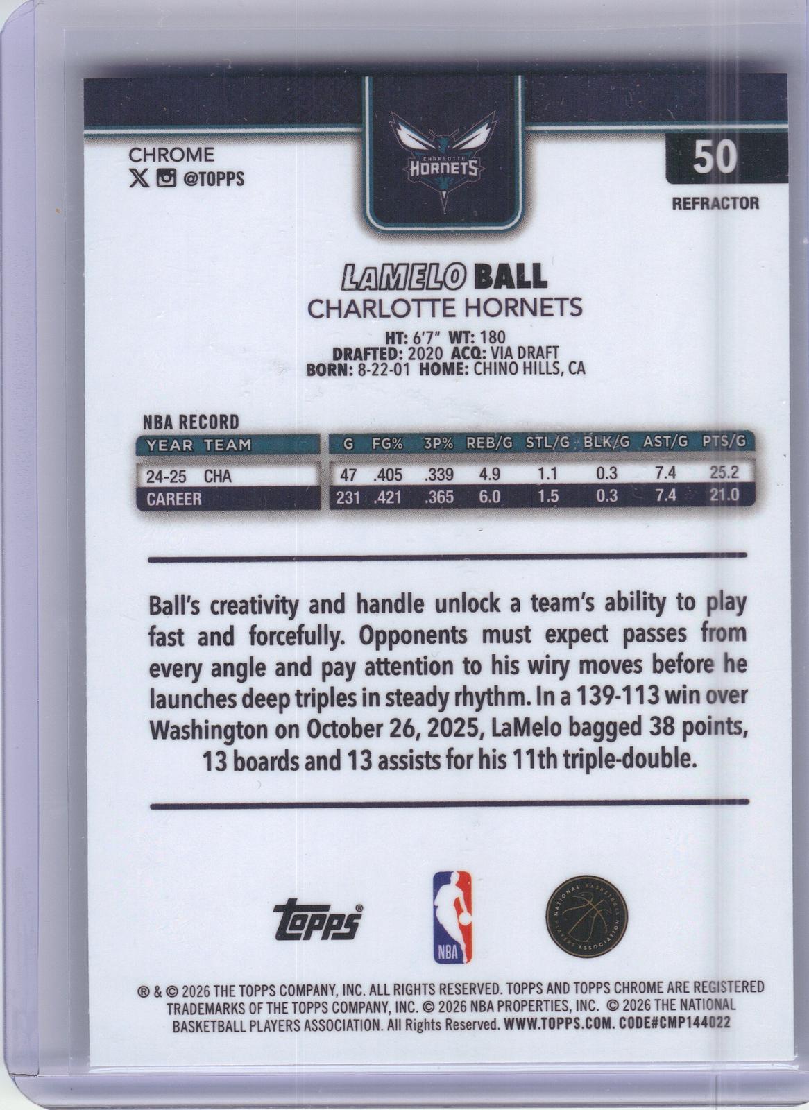 2025-26 Topps Chrome Update #50 LaMelo Ball Refractor Charlotte Hornets