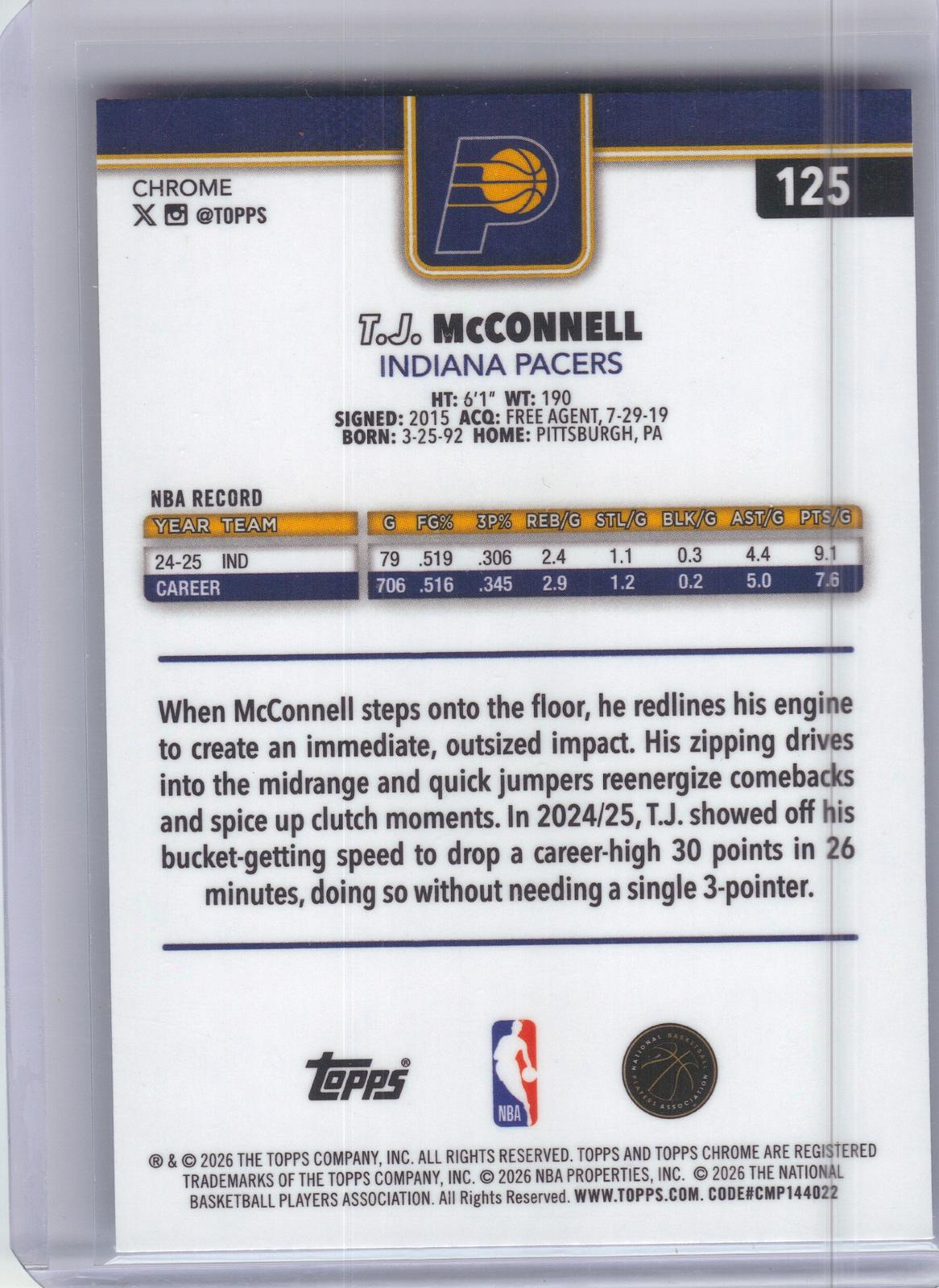 2025-26 Topps Chrome Update #125 T.J. McConnell Red White and Blue Refractor Indiana Pacers