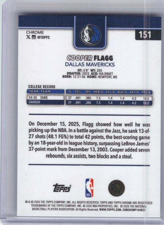 2025-26 Topps Chrome Update #151 Cooper Flagg Dallas Mavericks RC