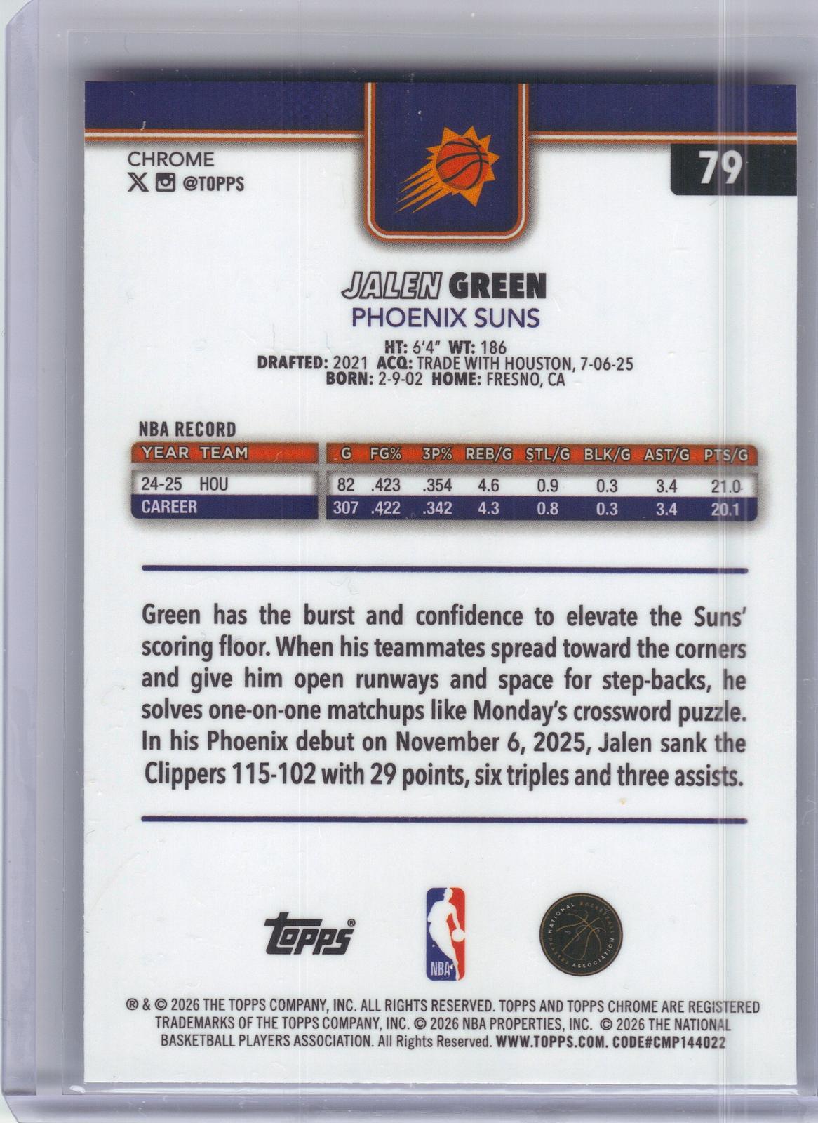 2025-26 Topps Chrome Update #79 Jalen Green Red White and Blue Refractor Phoenix Suns