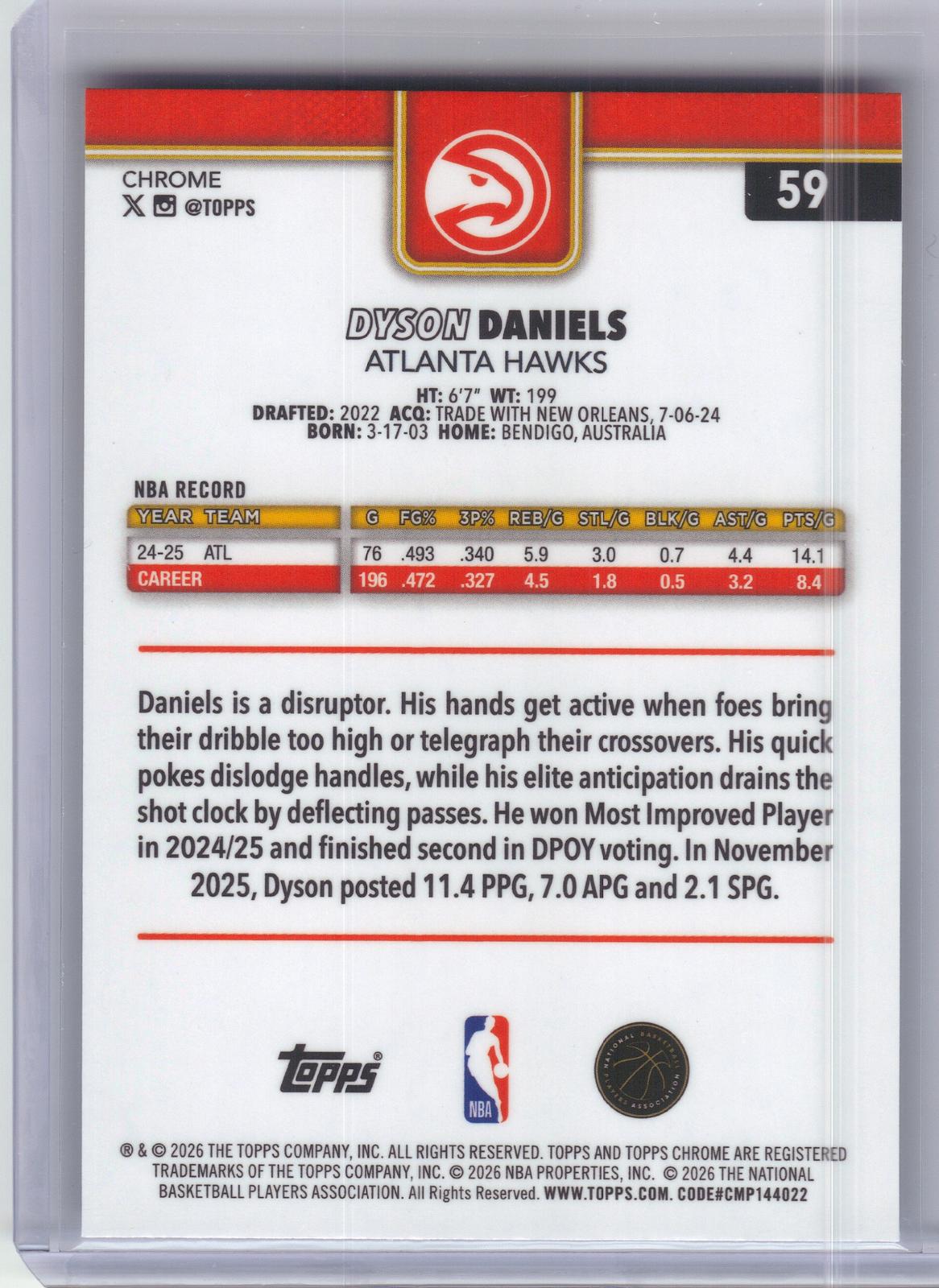 2025-26 Topps Chrome Update #59 Dyson Daniels Red White and Blue Refractor Atlanta Hawks