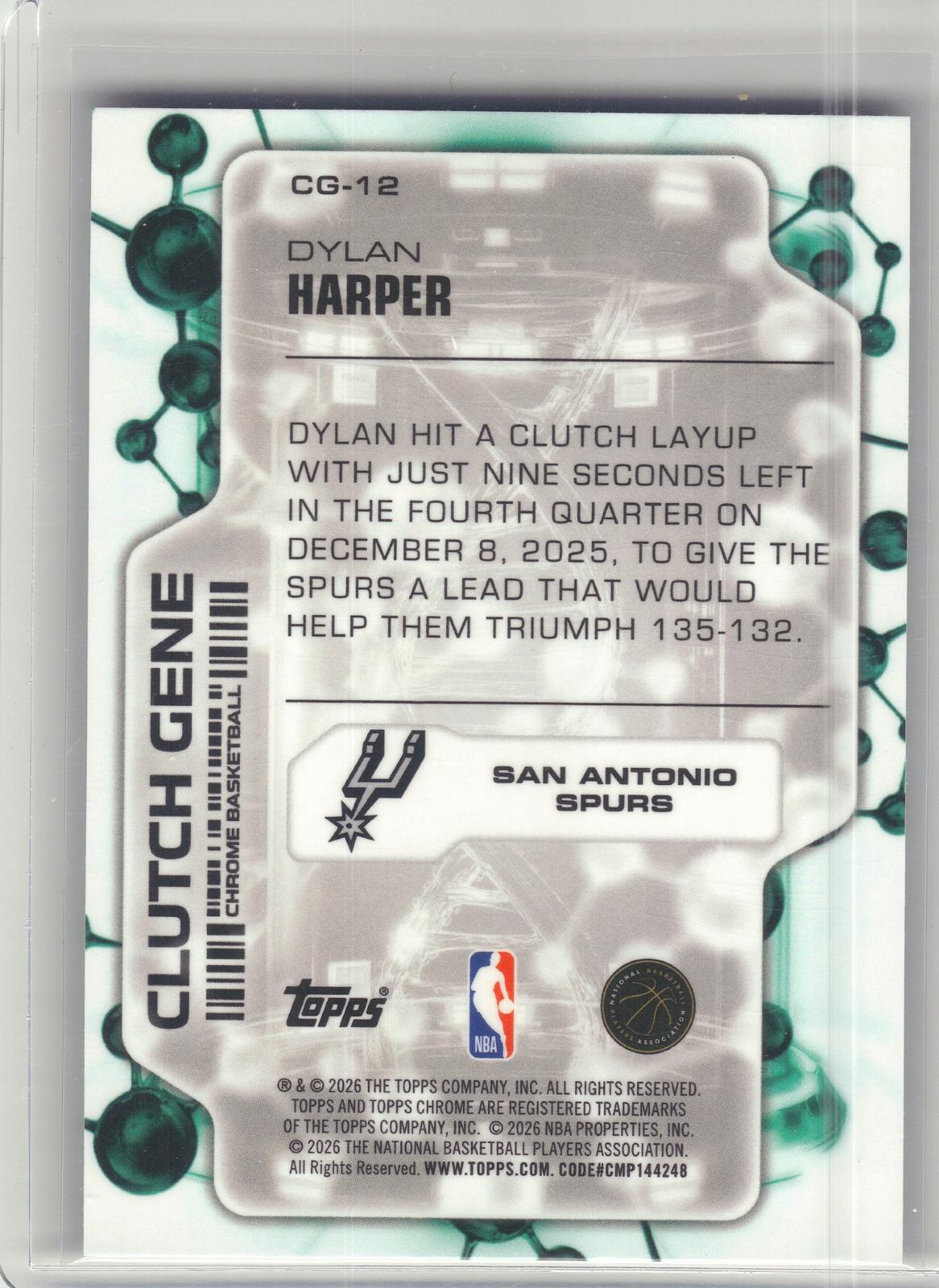 2025-26 Topps Chrome Update #CG-12 Dylan Harper Clutch Gene San Antonio Spurs