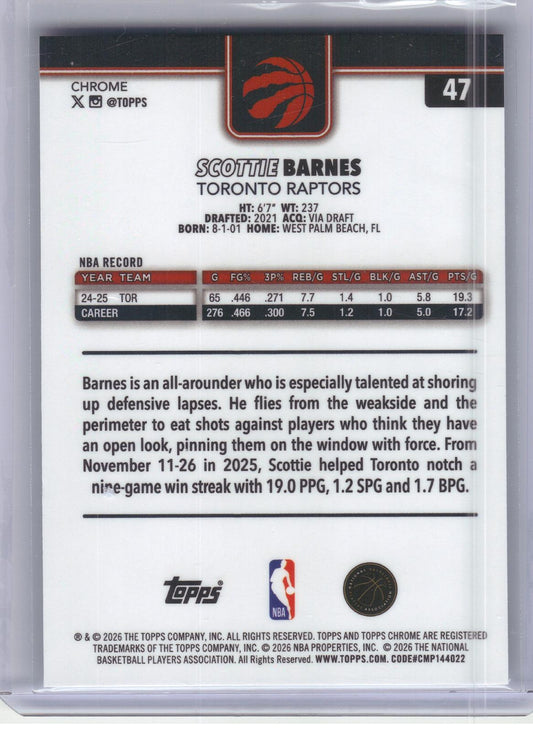 2025-26 Topps Chrome Update #47 Scottie Barnes Refractor Toronto Raptors