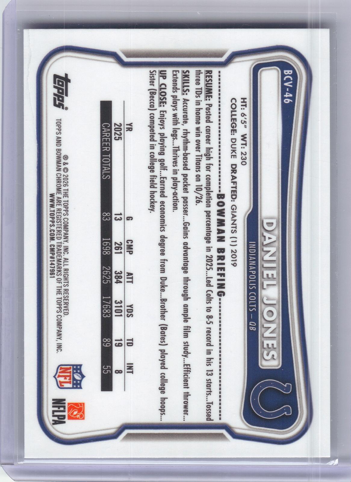 2026 Bowman #BCV-46 Daniel Jones Chrome Speckle Indianapolis Colts