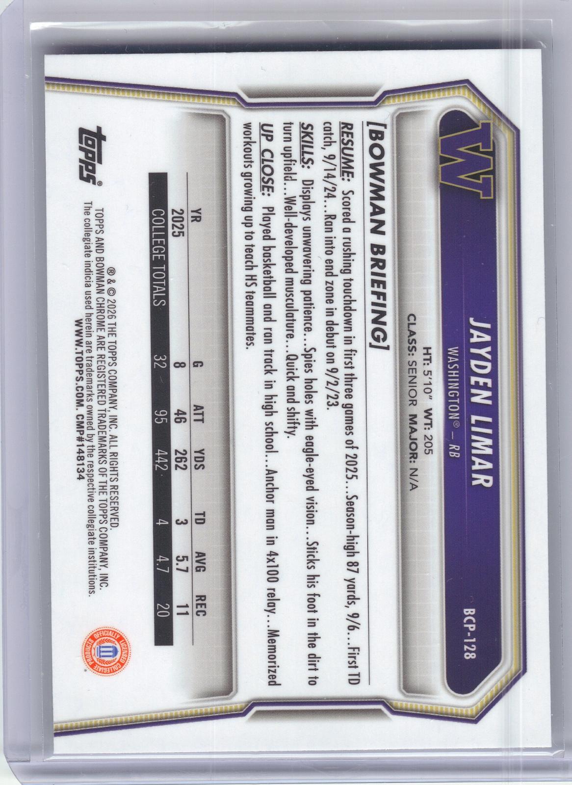 2026 Bowman #BCP-128 Jayden Limar Chrome Prospects Mojo Refractor Washington Huskies