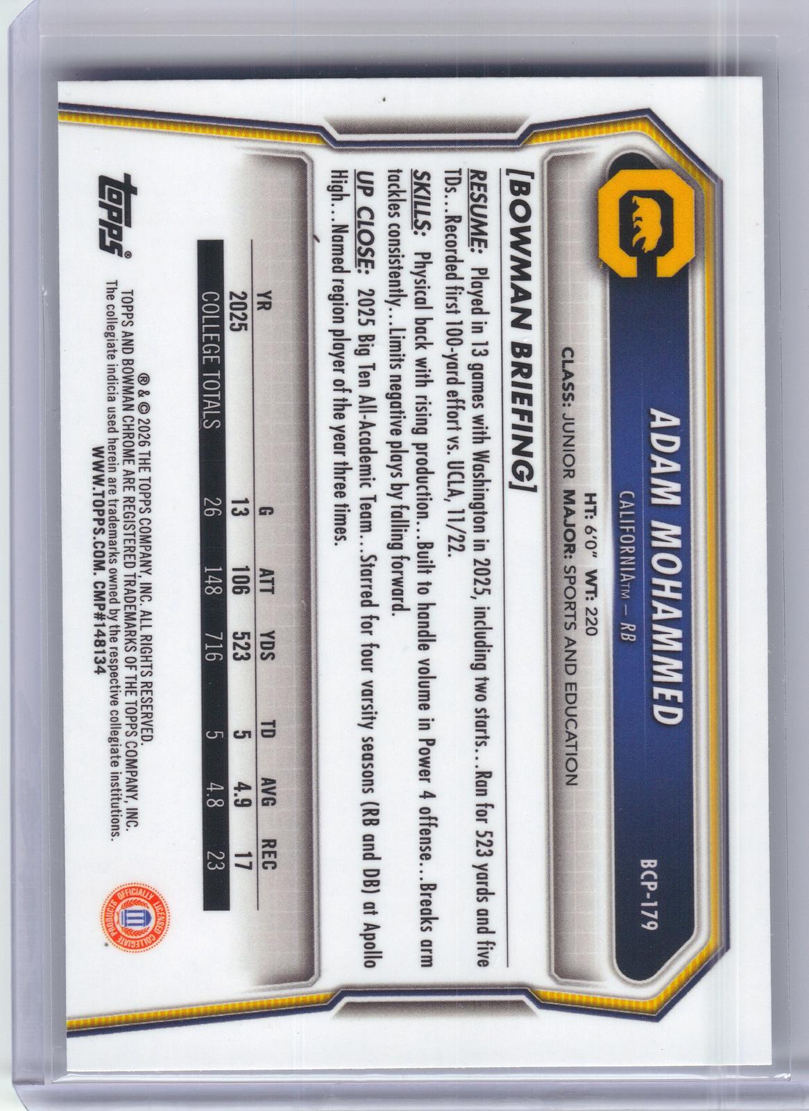 2026 Bowman #BCP-179 Adam Mohammed Chrome Prospects Speckle California Golden Bears