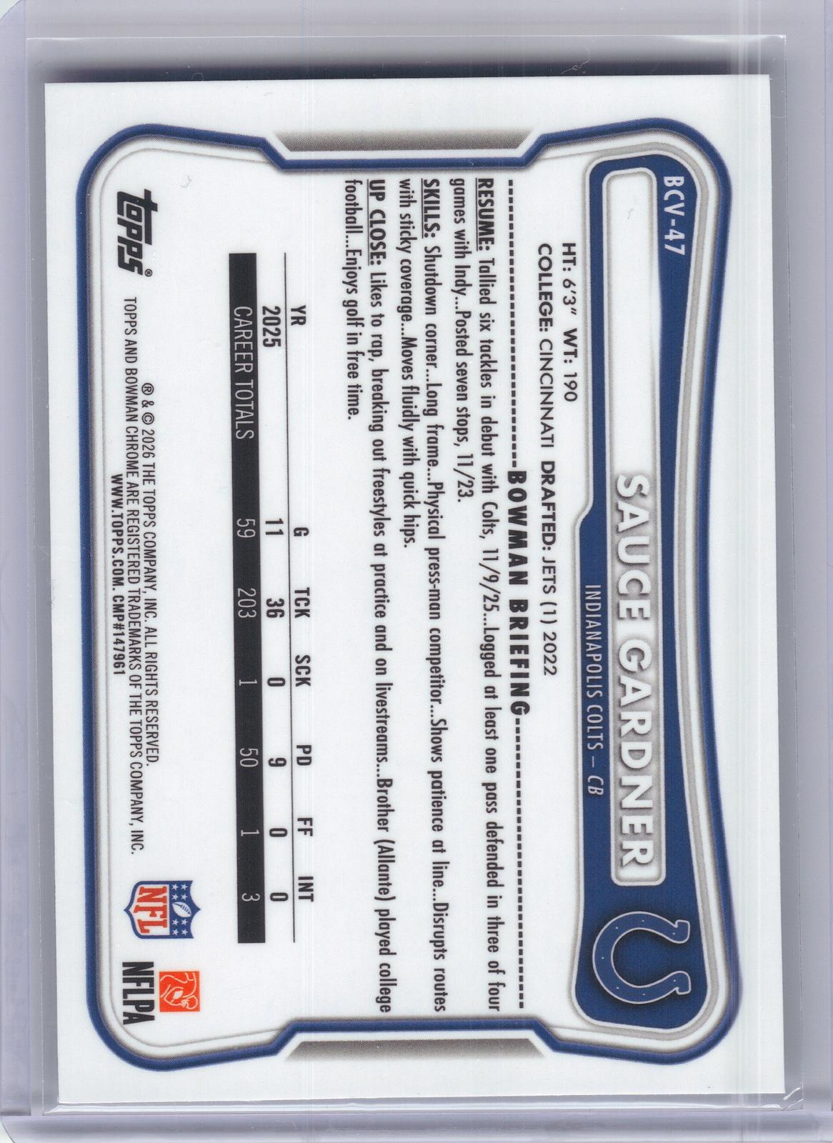 2026 Bowman #BCV-47 Sauce Gardner Chrome Mojo Refractor Indianapolis Colts