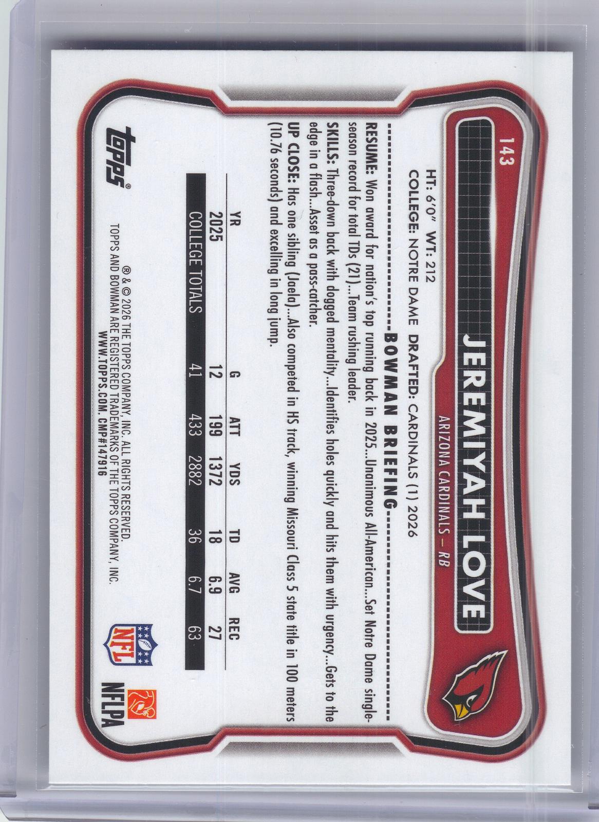 2026 Bowman #143 Jeremiyah Love Arizona Cardinals RC