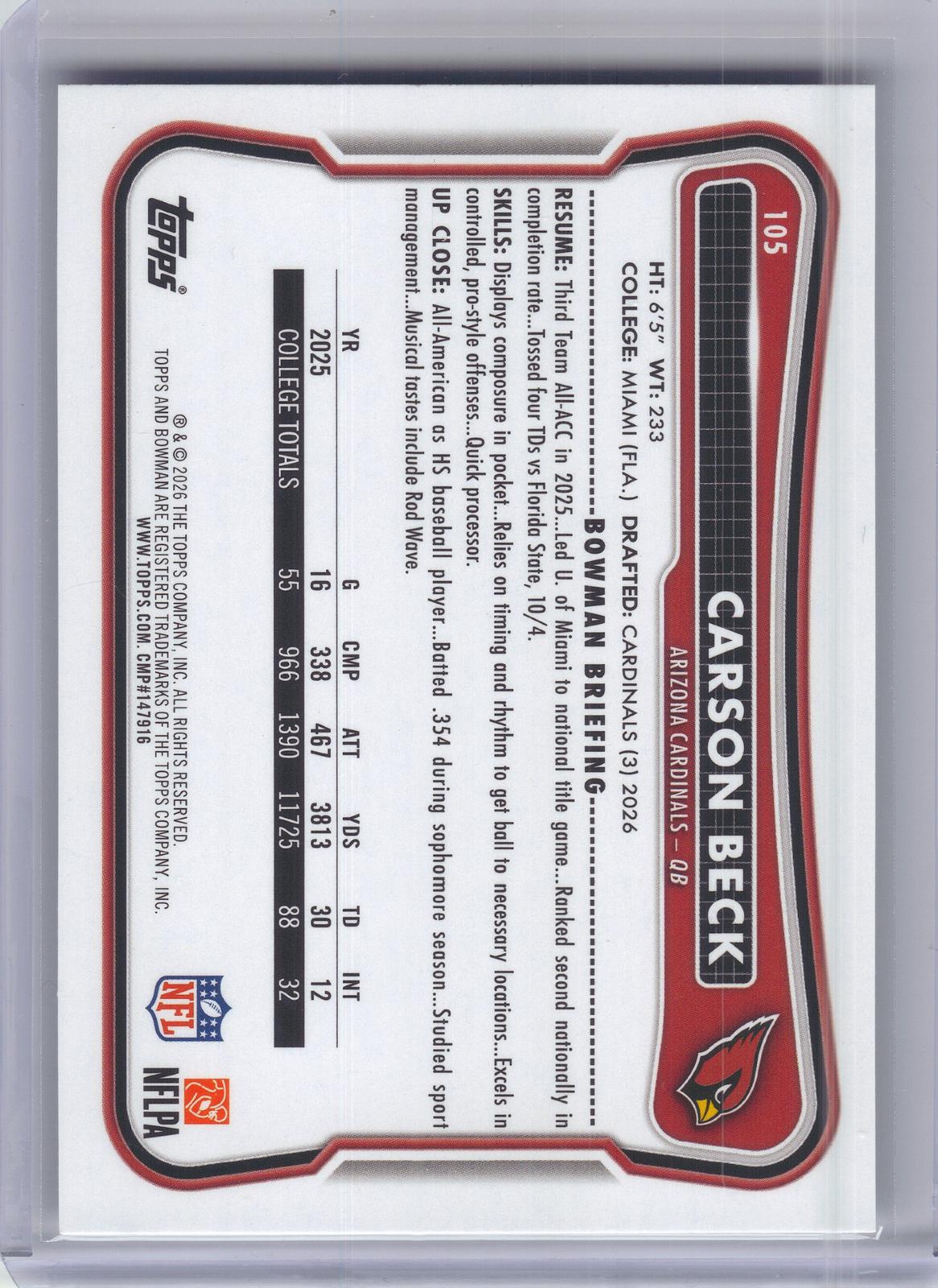 2026 Bowman #105 Carson Beck Arizona Cardinals RC