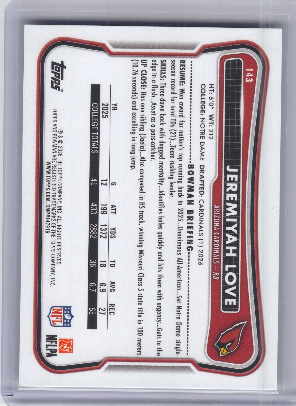 2026 Bowman #143 Jeremiyah Love Arizona Cardinals RC