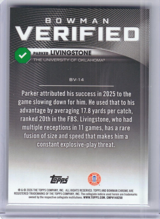 2026 Bowman #BV-14 Parker Livingstone Bowman Verified Oklahoma Sooners