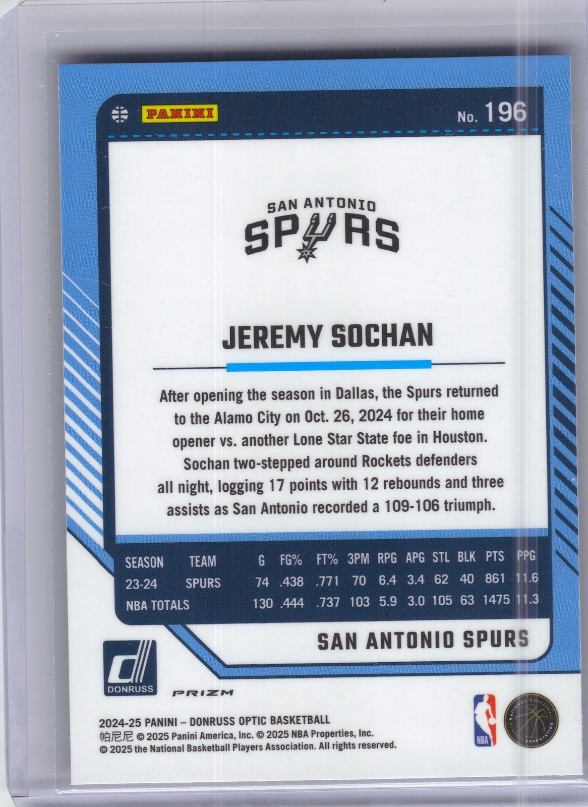 2024-25 Donruss Optic #196 Jeremy Sochan Red International San Antonio Spurs