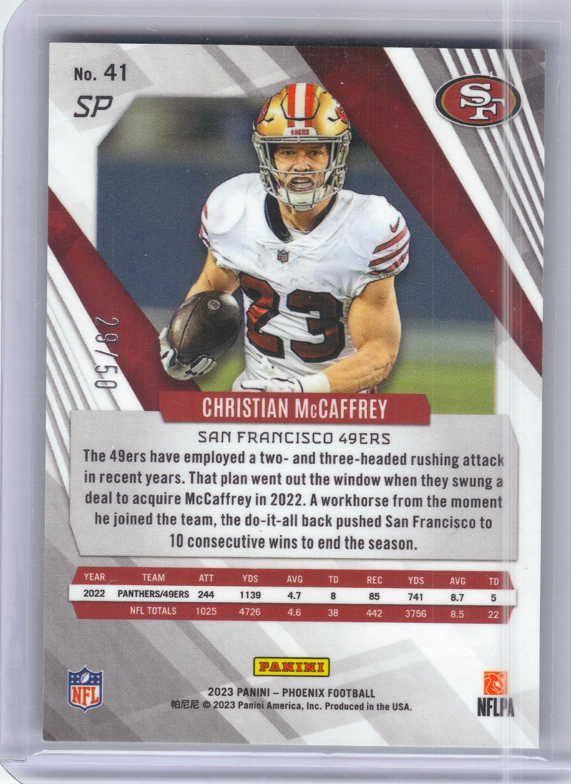 2023 Panini Phoenix #41b Christian McCaffrey Yellow #/50 San Francisco 49ers SN