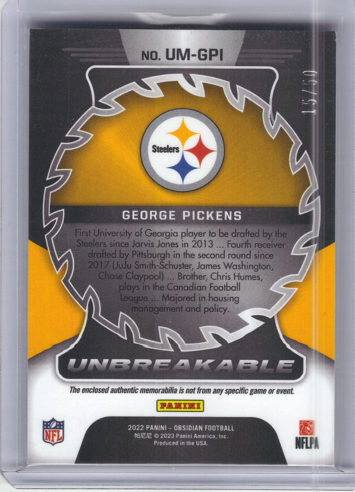 2022 Panini Obsidian #UN-GPI George Pickens Unbreakable Material Electric Etch Green #/50 Pittsburgh Steelers SN, MEM