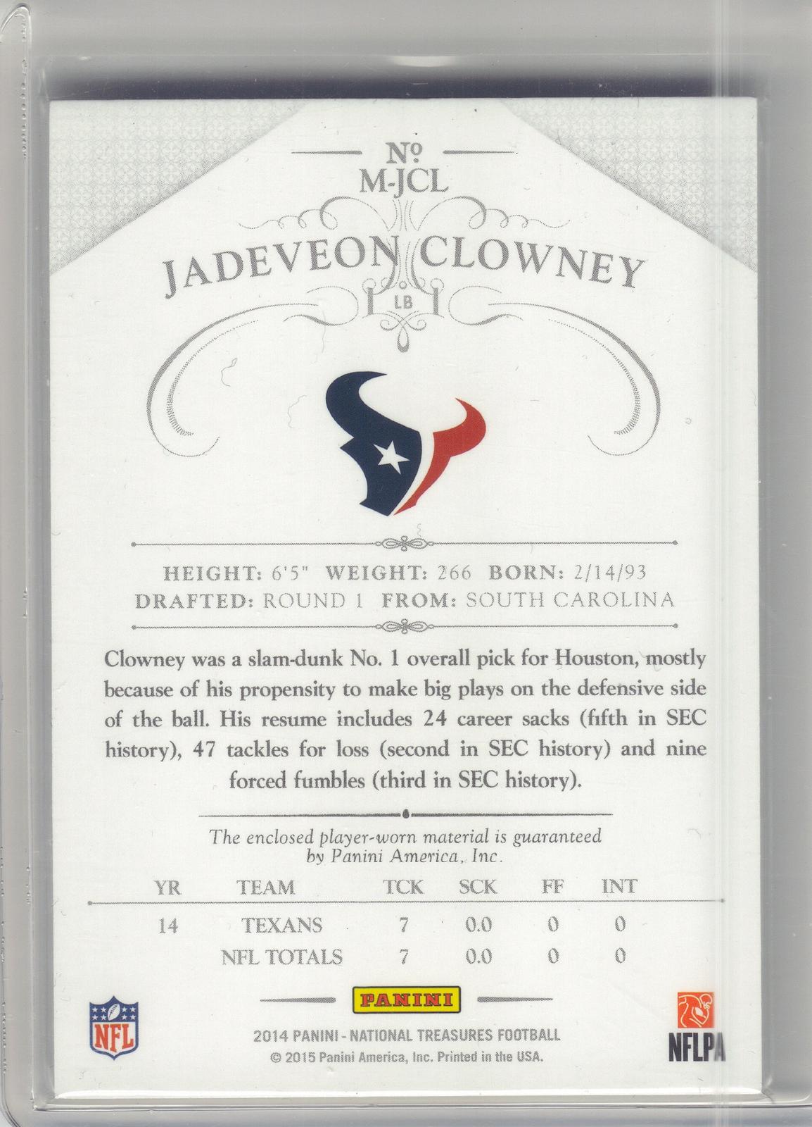 2014 Panini National Treasures #M-JCL Jadeveon Clowney Materials #/99 Houston Texans SN, MEM
