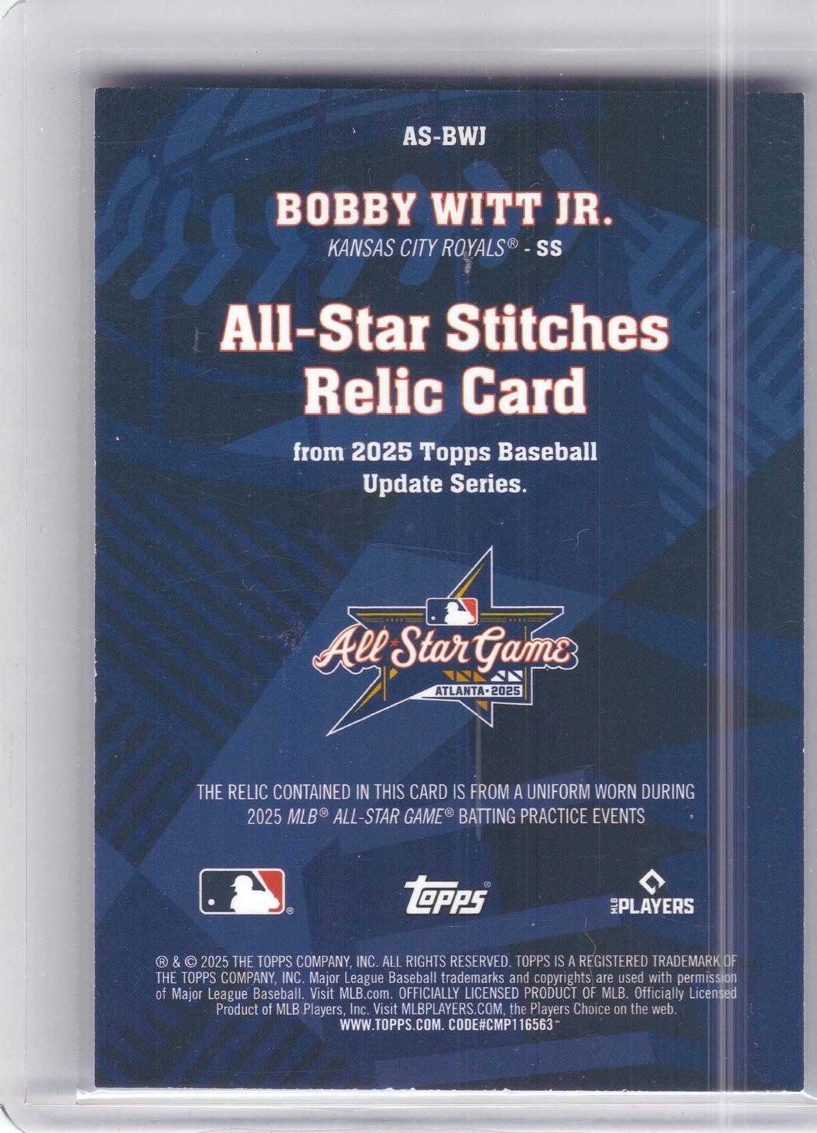 2025 Topps Update #AS-BWJ Bobby Witt Jr. All-Star Stitches Kansas City Royals MEM