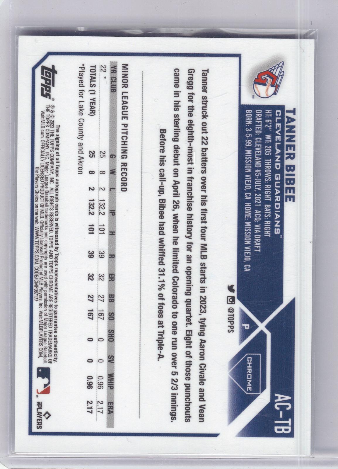 2023 Topps Chrome Update #AC-TB Tanner Bibee Autographs B&W Mini Diamond Cleveland Guardians AU