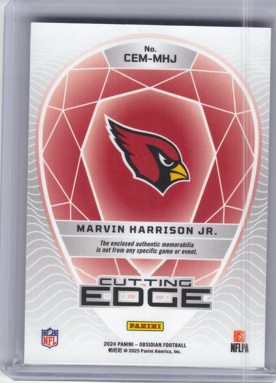 2024 Panini Obsidian #CEM-MHJ Marvin Harrison Jr. Cutting Edge Materials Arizona Cardinals MEM