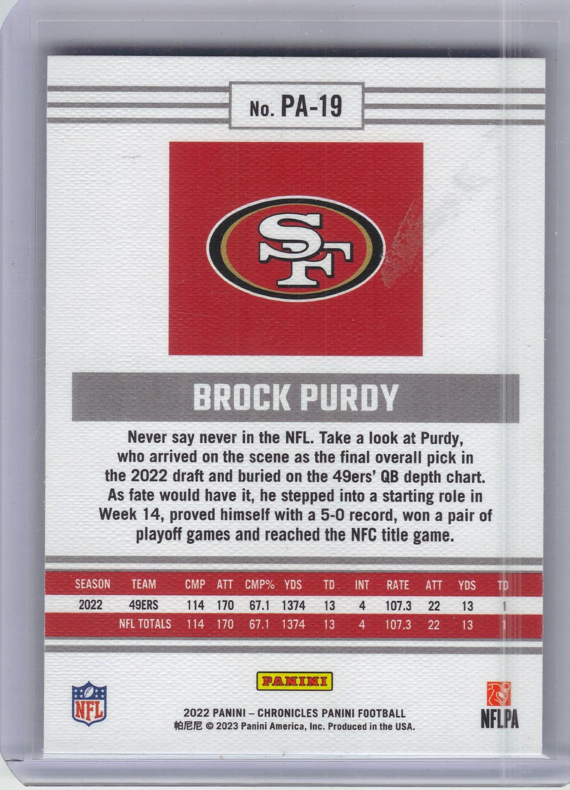 2022 Panini Chronicles #PA-19 Brock Purdy Panini San Francisco 49ers