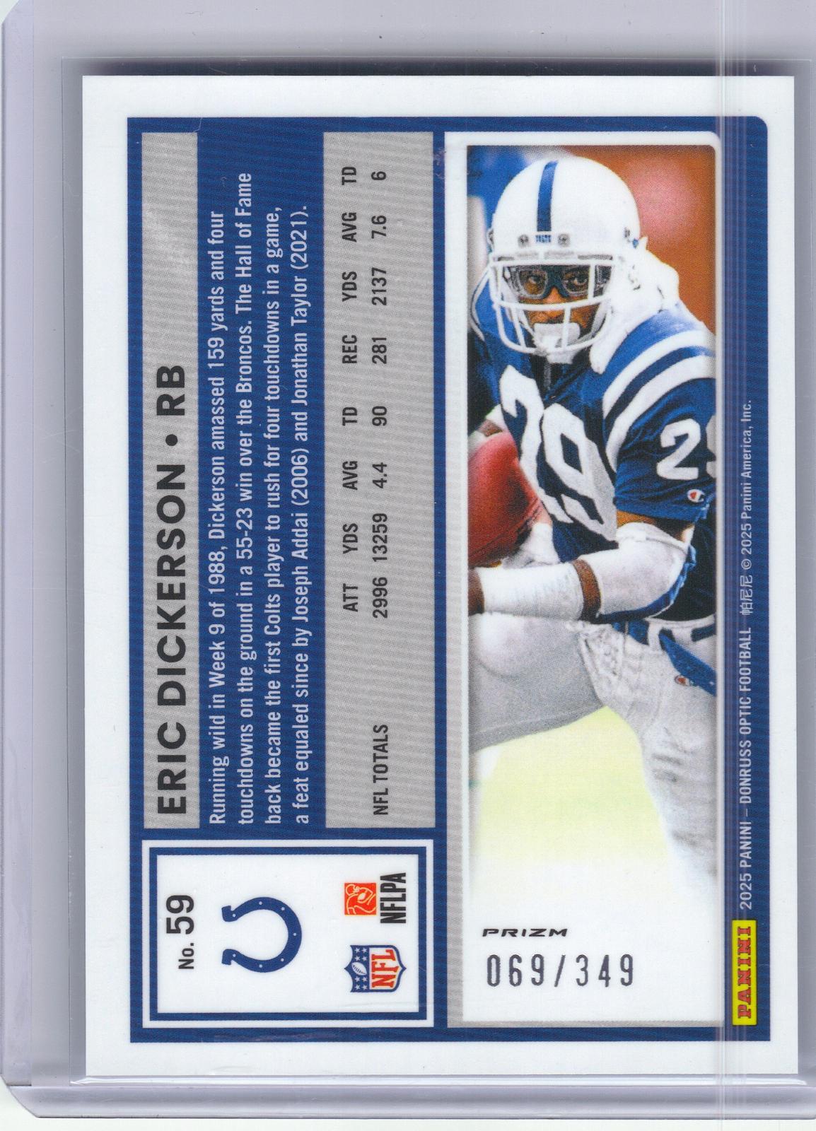 2025 Donruss Optic #59 Eric Dickerson Red #/149 Indianapolis Colts SN, HOF