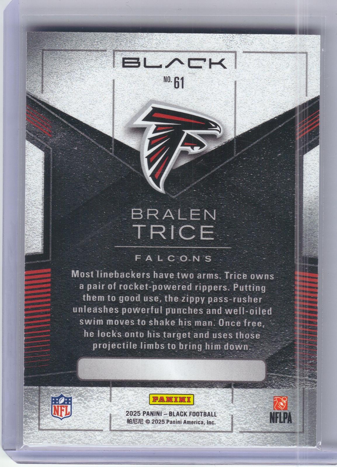 2025 Panini Black #61 Bralen Trice Citrine #/30 Atlanta Falcons SN
