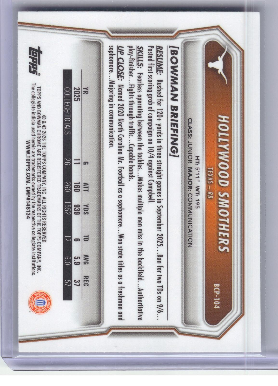 2026 Bowman #BCP-104 Hollywood Smothers Chrome Prospects Speckle Texas Longhorns