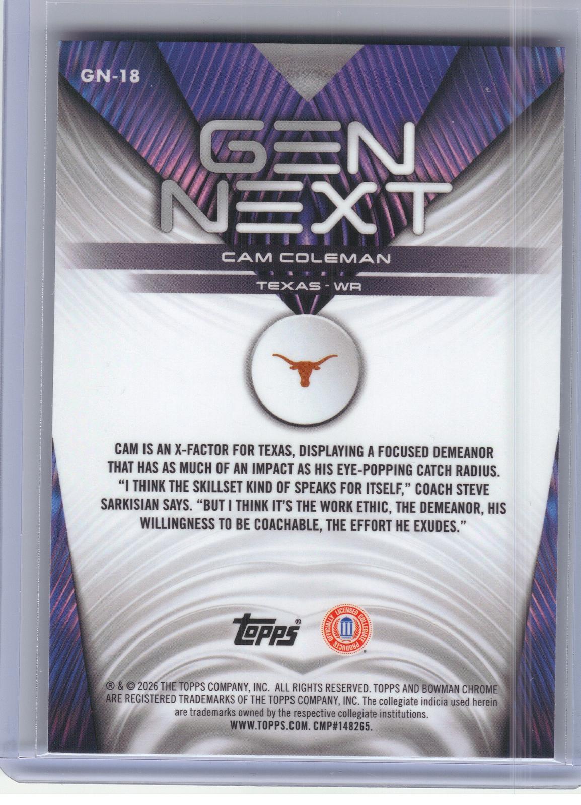 2026 Bowman #GN-18 Cam Coleman Gen Next Texas Longhorns