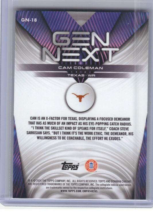 2026 Bowman #GN-18 Cam Coleman Gen Next Texas Longhorns