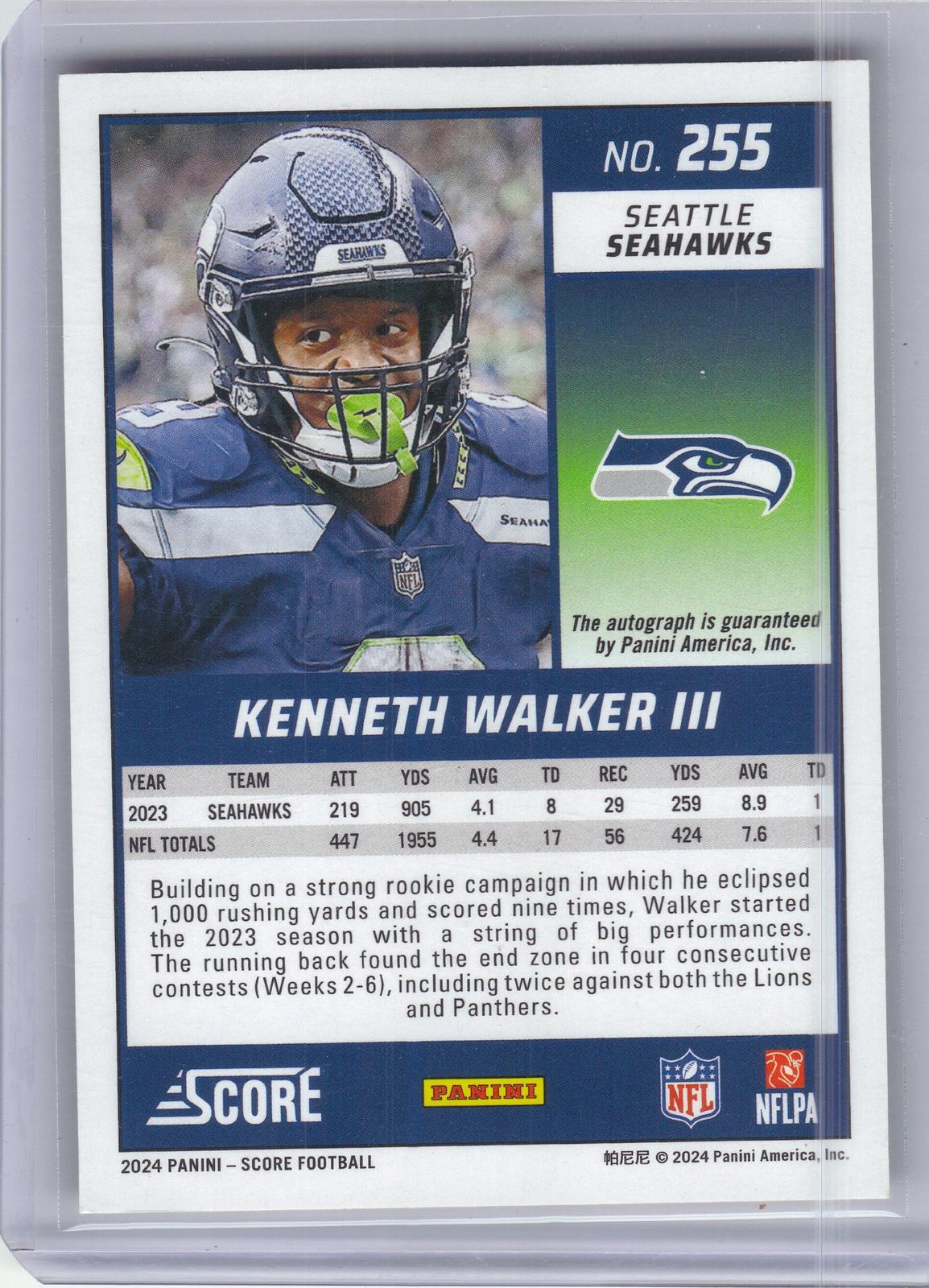 2024 Score #255 Kenneth Walker III Signatures Gold Zone #/50 Seattle Seahawks SN, AU
