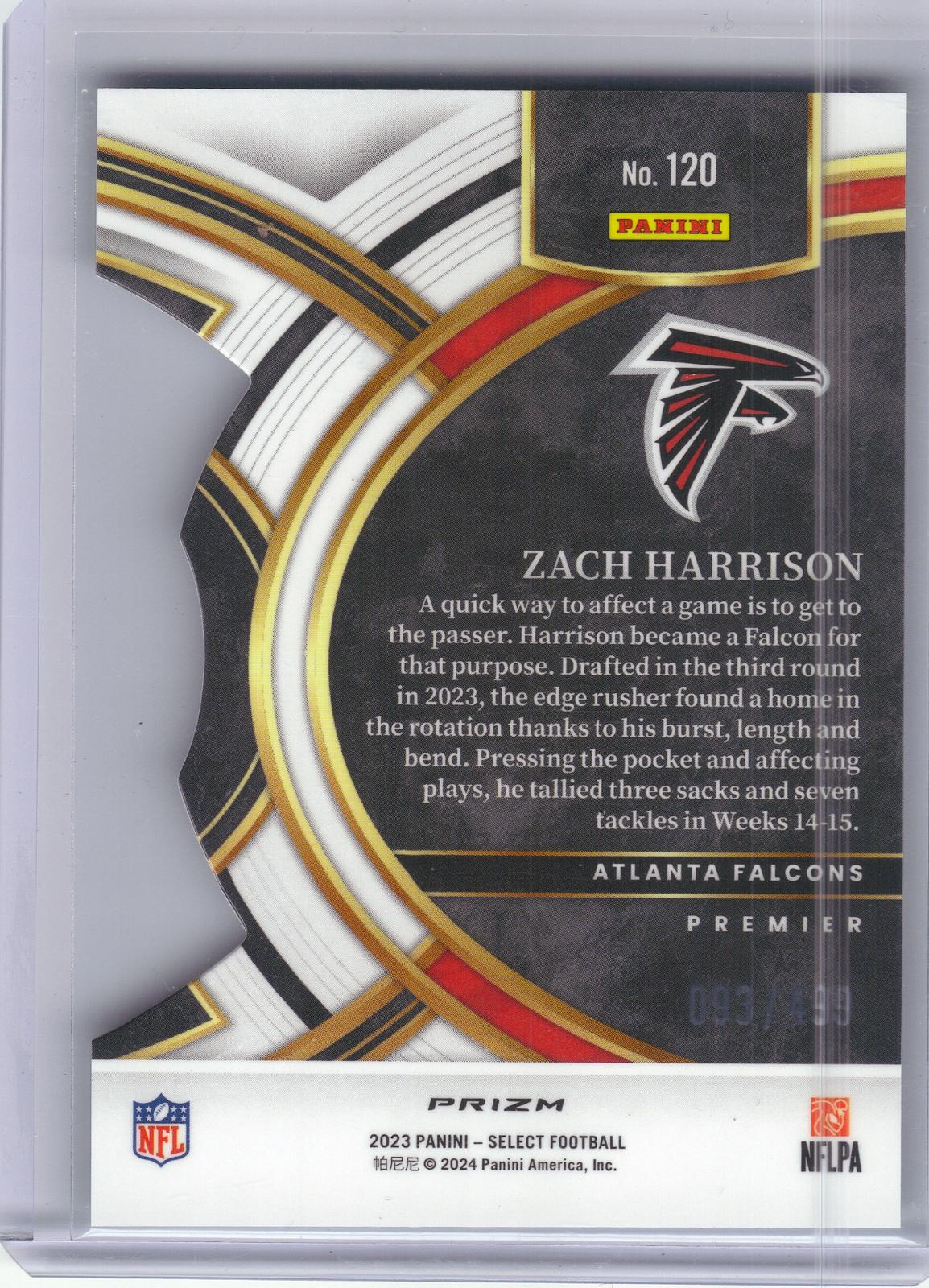 2023 Panini Select #120 Zach Harrison Neon Green Prizm Die Cut #/499 Atlanta Falcons SN
