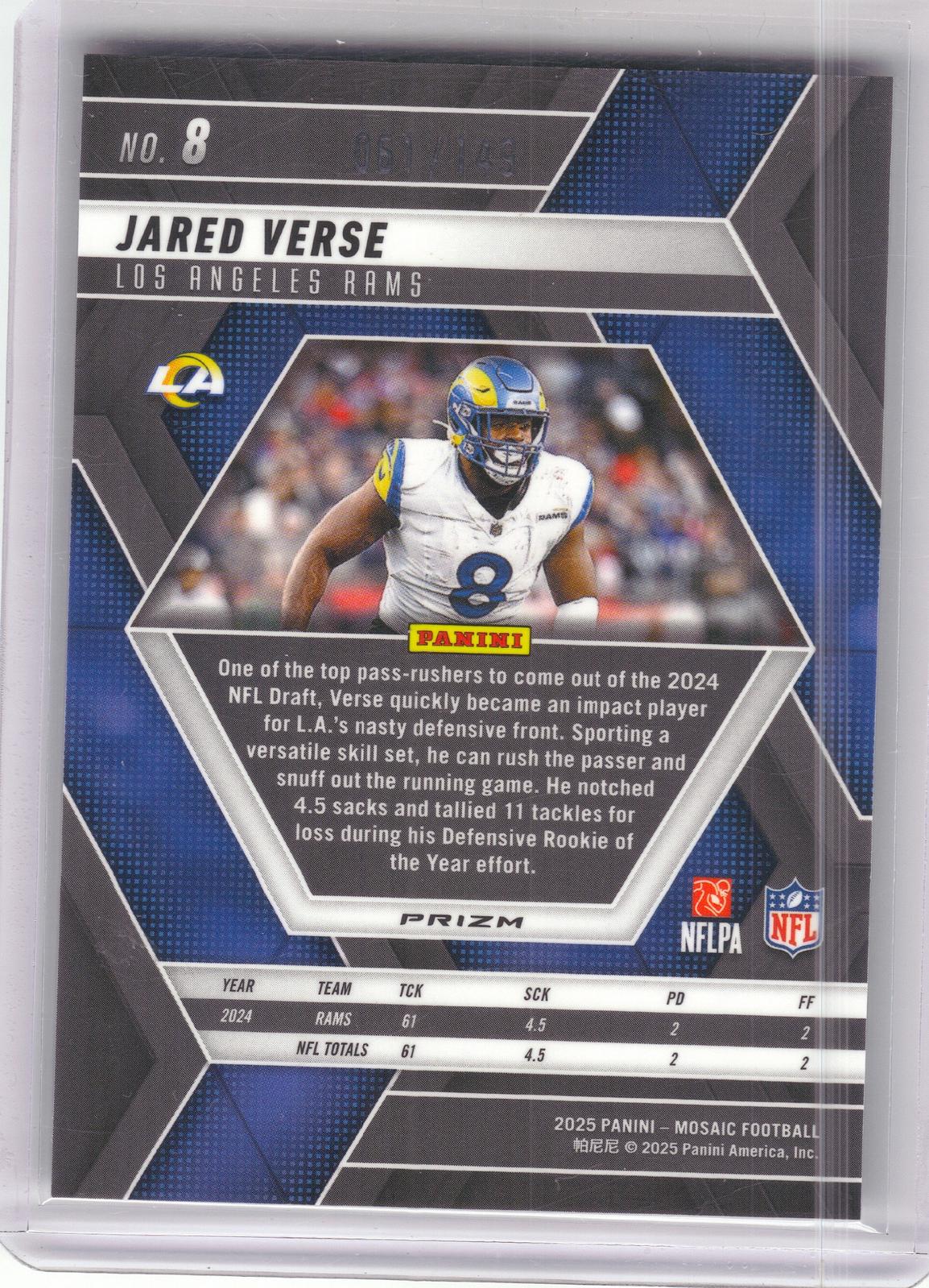 2025 Panini Mosaic #8 Jared Verse Silver Knight #/149 Los Angeles Rams SN