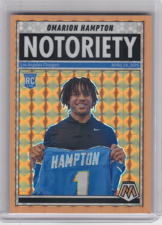 2025 Panini Mosaic #20 Omarion Hampton Notoriety Mosaic Orange Fluorescent Los Angeles Chargers