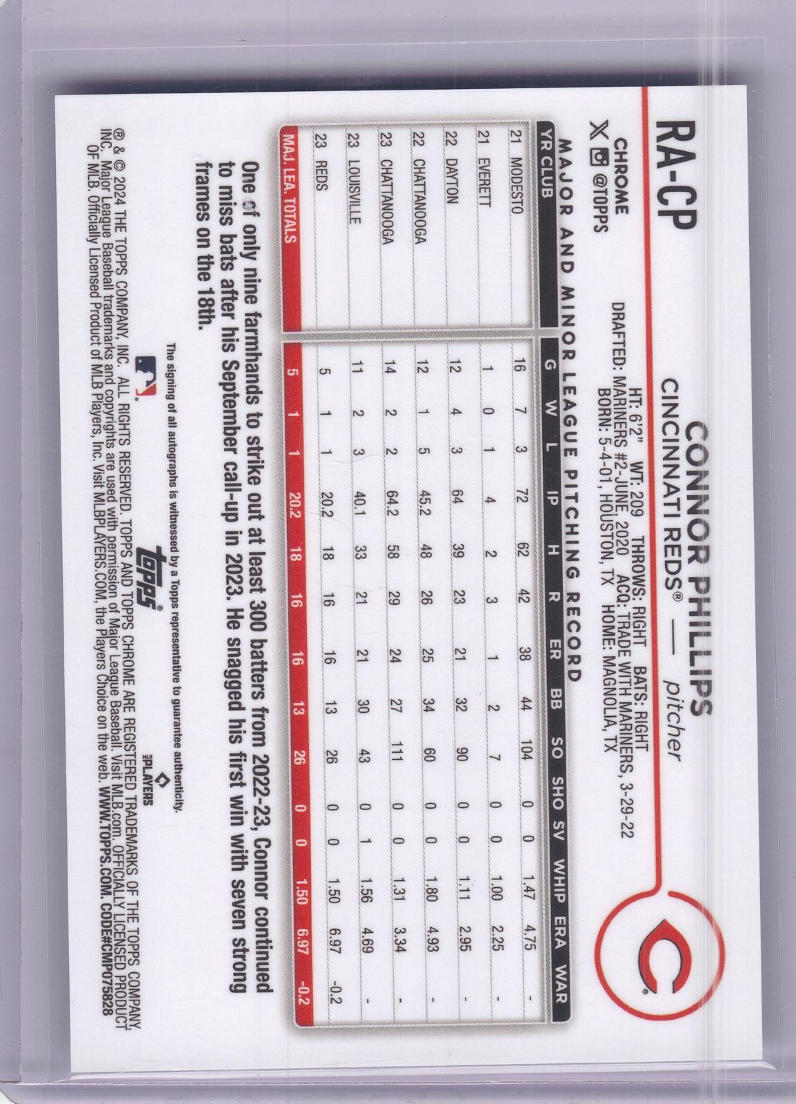 2024 Topps Chrome #RA-CP Connor Phillips Rookie Autographs Cincinnati Reds AU