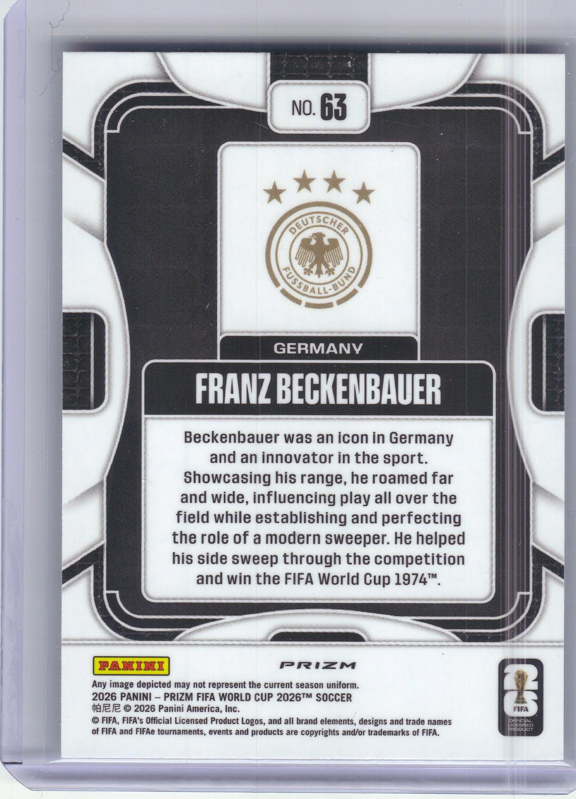 2026 Panini Prizm FIFA World Cup #63 Franz Beckenbauer Silver Prizm Germany HOF