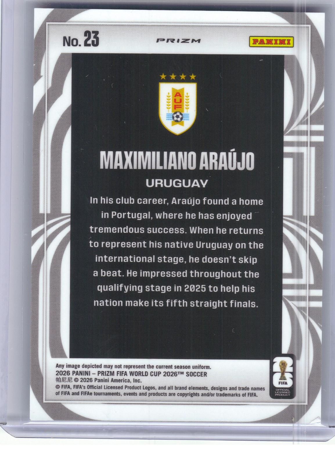 2026 Panini Prizm FIFA World Cup #23 Maximiliano Araujo Screamers Silver Prizm Uruguay