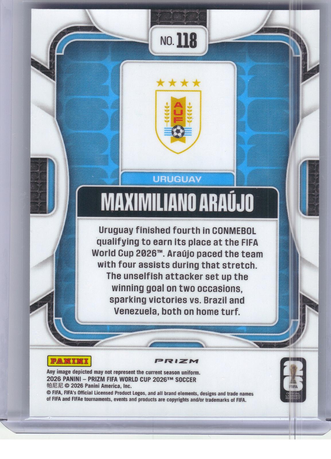 2026 Panini Prizm FIFA World Cup #118 Maximiliano Araujo Choice Prizm Uruguay