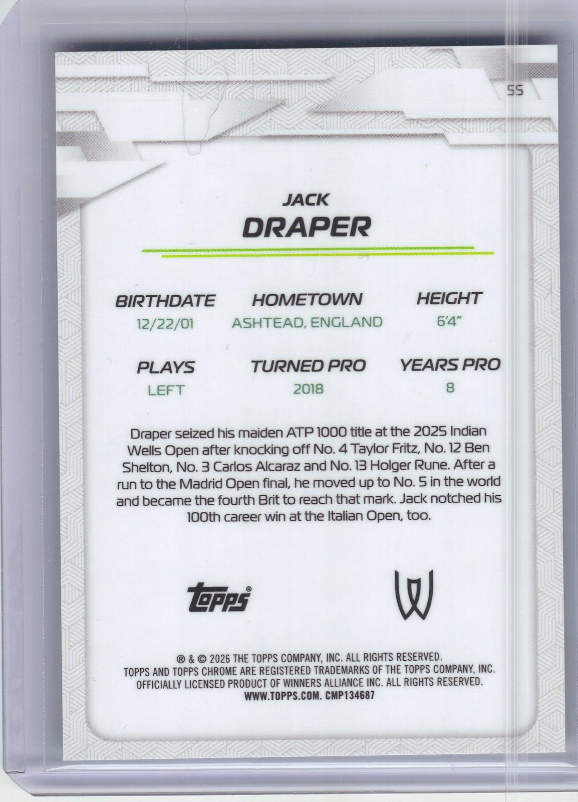 2026 Topps Chrome #55 Jack Draper Aqua Geometric Refractor #/199 SN