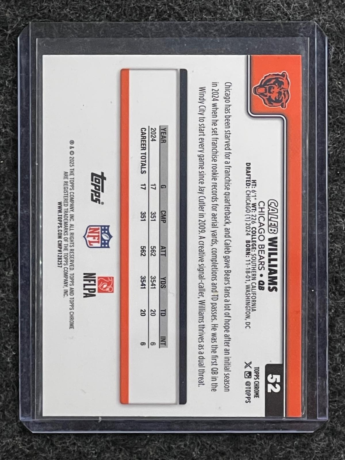 Caleb Williams 2025 Topps Chrome #52 Blue Refractor #/150 Bears