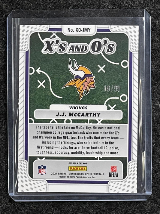 J.J. McCarthy 2024 Panini Contenders Optic #XO-JMY Xs and Os Blue Big Blue Version Vikings
