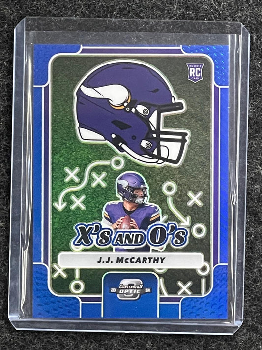 J.J. McCarthy 2024 Panini Contenders Optic #XO-JMY Xs and Os Blue Big Blue Version Vikings