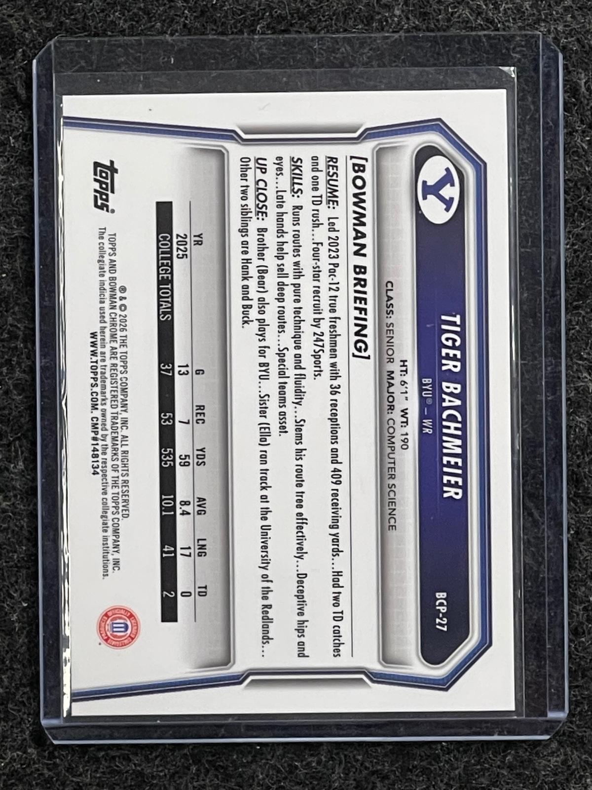Tiger Bachmeier 2026 Bowman #BCP-27 Chrome Prospects Cougars