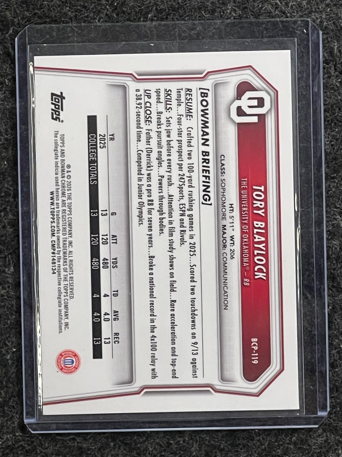 Tory Blaylock 2026 Bowman #BCP-119 Chrome Prospects Sooners