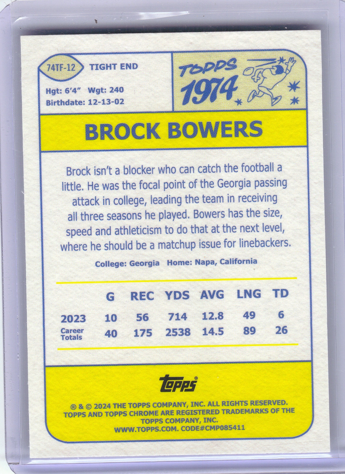 Brock Bowers Las Vegas Raiders 2024 Topps Chrome - 1974 Refractor #74TF-12 (Back)