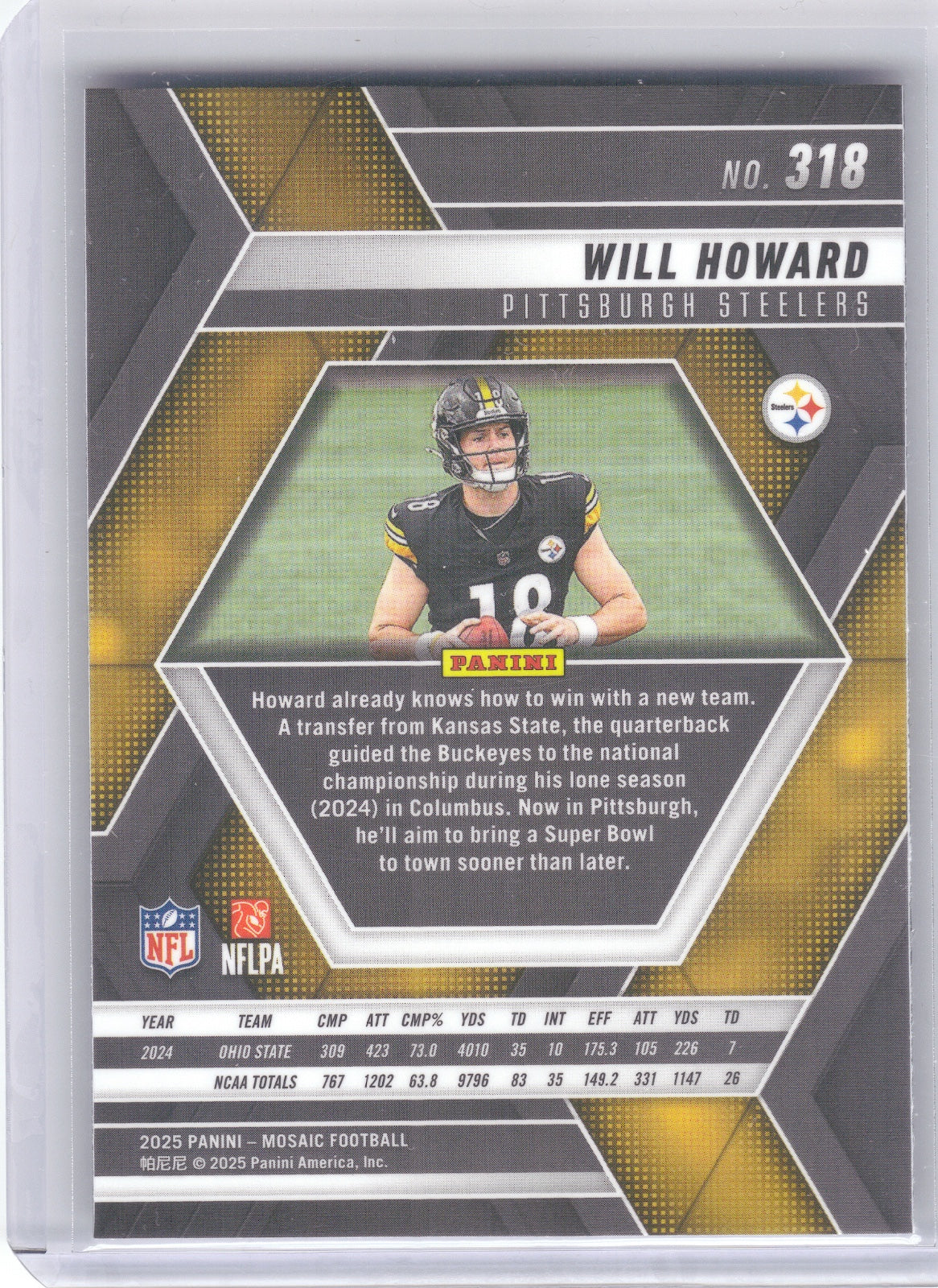 Will Howard Pittsburgh Steelers 2025 Panini Mosaic #318 RC (Back)