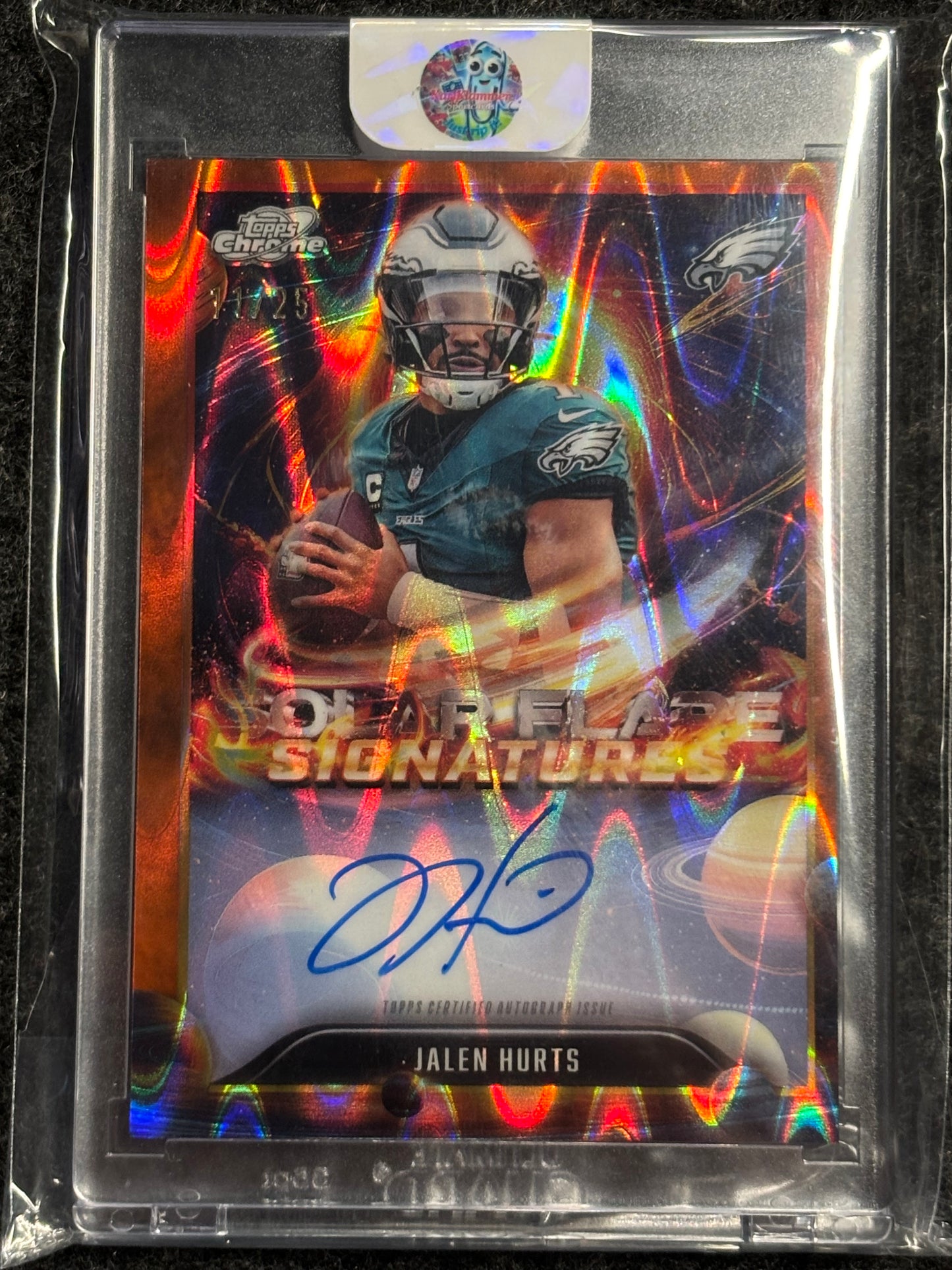 2025 Topps Chrome Cosmic #SFS-JHU Jalen Hurts Solar Flares Signatures Orange Galactic Refractor #/25 Philadelphia Eagles SN, Auto
