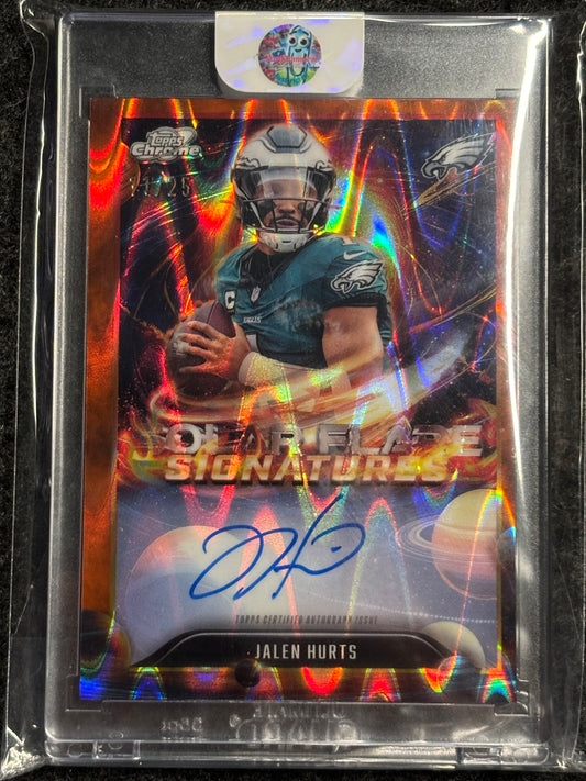 2025 Topps Chrome Cosmic #SFS-JHU Jalen Hurts Solar Flares Signatures Orange Galactic Refractor #/25 Philadelphia Eagles SN, Auto